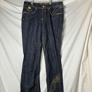 Dereon Women's 33x32 Blue Bootcut Dark Wash Stretch Denim Embroidered Jeans